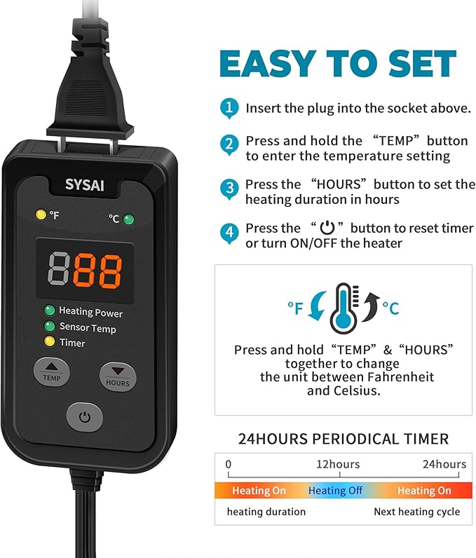 SYSAI Digital Thermostat Controller for Reptile Tank & Heat Mat, Seed Germination, Breeding & Home Brewing, 1A 100W, High Accuracy °F/°C Probe, 60-94°F