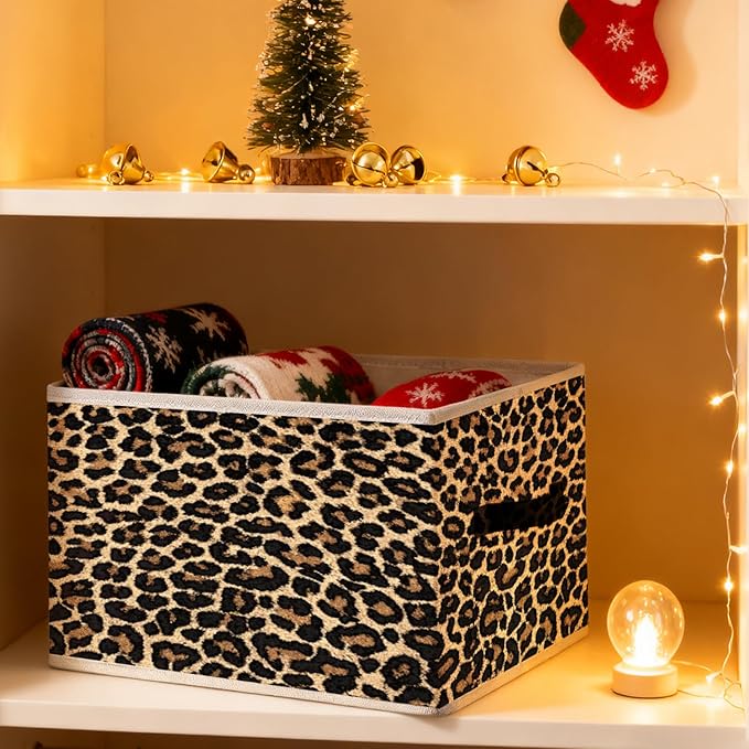 Brown Leopard Print Storage Bins, Cheetah Room Decor, Girly Y2k Wild Western Cheetah Foldable Closet Organizers Storage Basket Toybox for Girls Room Dorm Clothes Bed Sheets Blankets Toys