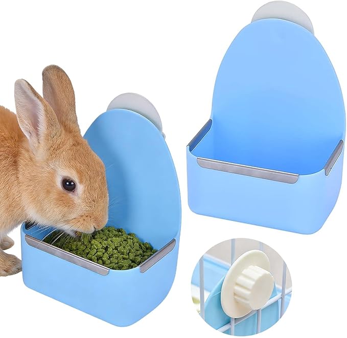 kathson Food and Water Bowl Cage Feeder for Rabbits Dish Feeder Removable Hanging Spill Proof Anti Bite for Rabbit, Guinea Pig, Chinchilla, Hamster, Ferret (Blue)