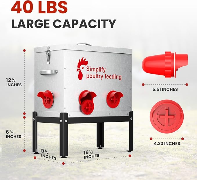 Hiqufet 40 lb Large Automatic Chicken Feeder with 6 No-Waste Ports – Outdoor Metal Chicken Feeders with Adjustable Stand, Rodent-Resistant Design & Riveted Handles for Chickens, Ducks & Poultry
