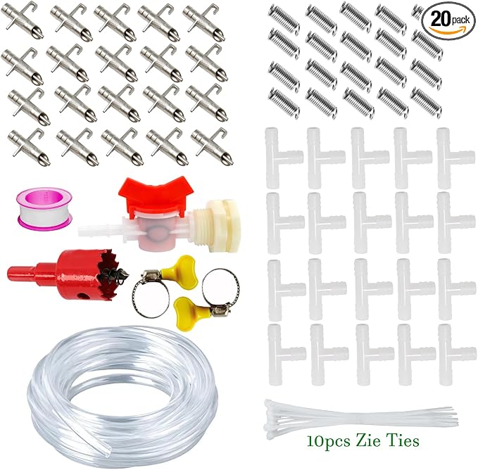 Automatic Rabbit Watering System 20 Set Rabbit Nipple Drinkers Water Feeders 5/16” Hose Barb Fittings to G1/2" and Water Bucket Connector for Small Animals Guinea Pig Ferret Rats Rodent Bunny