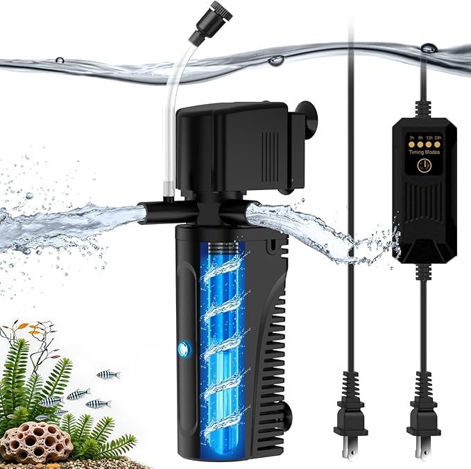 Aquarium U-V Filter for Green Water, Internal Fish Tank Filter with U-V Light & Timer, Turtle Tank Filter with Dual Outlet & Aeration, for 10-30 Gallon Freshwater & Saltwater