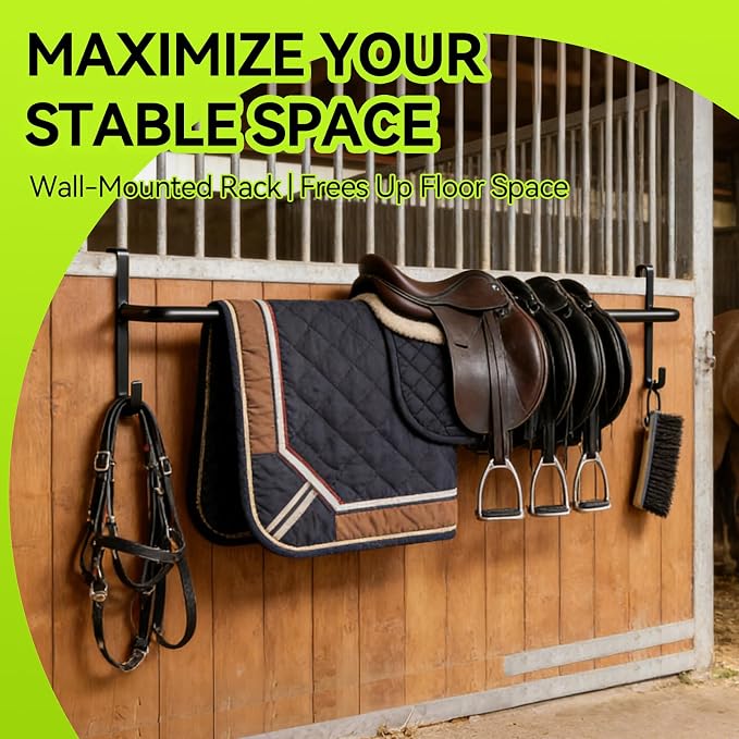 4Pcs Heavy Duty Horse Blanket Rack with Bridle Hooks, No-Drill Wall Mounted Assembled Blanket Bar, Saddle Pad Rack for Horse Tack Storage, Black