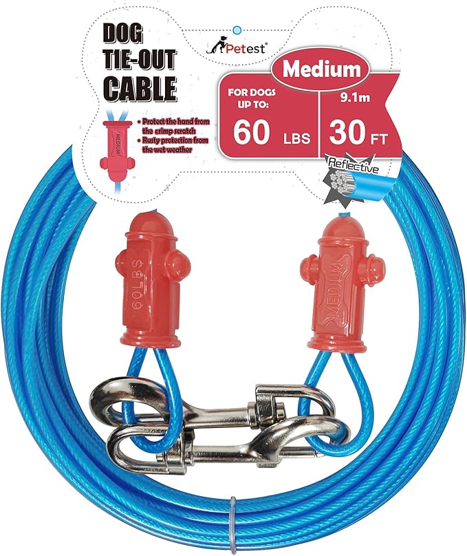Petest Reflective Tie Out Cable with Crimp Cover for Medium Dogs Up to 60 Pounds, 30 Feet