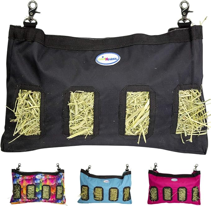 4-Opening Hay Bag for Rabbits, Guinea Pigs & Chinchillas, Hanging Hay Feeder, 18 x 11 x 1.5 in, 1000D Nylon, 6-Month Warranty (Black, 18" x 11" x 1.5")