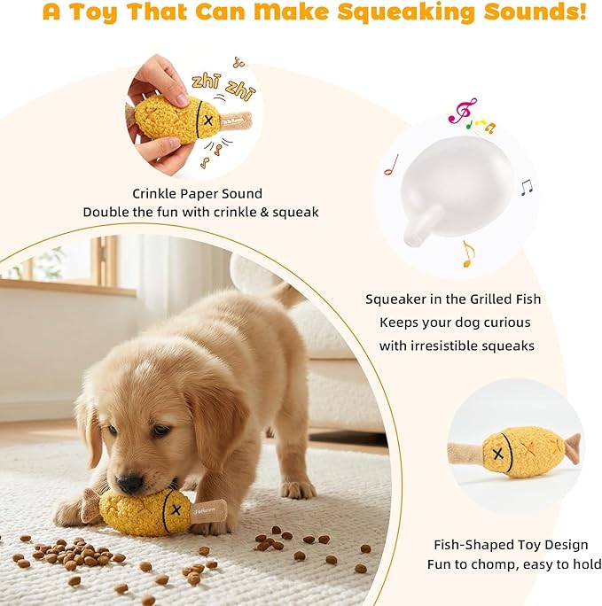 Grilled Fish Skewer Hide & Seek Plush Toy for Small Dogs & Puppies: Treat Dispensing Pocket, Squeaker and Crinkle Sounds, Tear-Resistant Chew for Aggressive Chewers