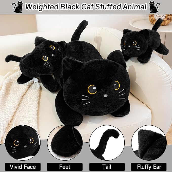 SQEQE Weighted Stuffed Animals Black Cat, Weighted Black Cat Plush, Plushies for Cozy Comfort, Soft Black Cat Pillow Toy for Kids Adults, Christmas & Valentines Gift 13.8 Inch, 1.7 Lbs