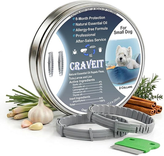 Craveit Dog Flea Collar, 2 Pack Flea Collar for Dogs Small, Gentle Plant-Based Tick Repellent for Small Dog, Waterproof & Adjustable, 8-Month Long-Lasting Defense