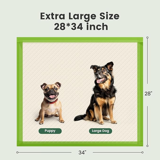 Gardner Pet Dog Pee Pads Extra Large 28"x34", XL Thicker ECO Green Disposable Puppy Training Pads Super Absorbent Full Edge-Wrapping Pad for Dogs, Puppies, Cats, Rabbits (150 Count)