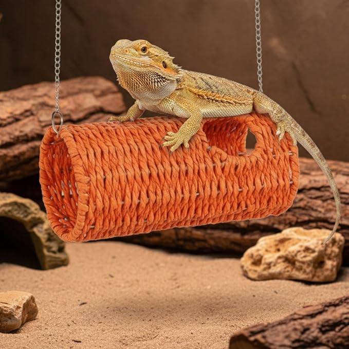 CroBlissful Reptile Hide Cave Hollow Cave Hideout with 2 Pcs Suction Cup and Chain Gecko Hide Reptile Tank Decor Seagrass Fiber Climbing Toy for Lizard Snake Hermit Crab (Long Cylindrical,Orange)