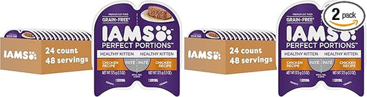 IAMS Perfect Portions Healthy Kitten Grain Free Wet Cat Food Pate,Chicken Recipe,2.6 oz. Easy Peel Twin-Pack Trays (,48 Servings),24 Count (Pack of 2)