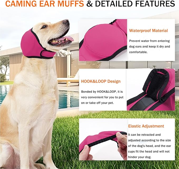 BAMY Swimming Waterproof Dog Ear Caps, Calming Large Dog Ears Cover, Pet Shower Muffs for Ear Protection for Bath for Grooming (Pink, M (Head Circumference 14"-19"))