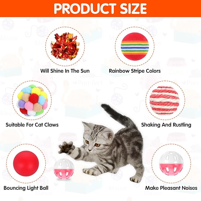 150 Pcs Cat Toys Bulk, Kitten Toys Assorted Cat Toy Variety Pack Cats Toy Bundle with Mice Rainbow Balls/Springs Crinkle Balls/Lattice/Sisal/Table Tennis/Plush/Caged Bell for Indoor Cats Kitty Kitten