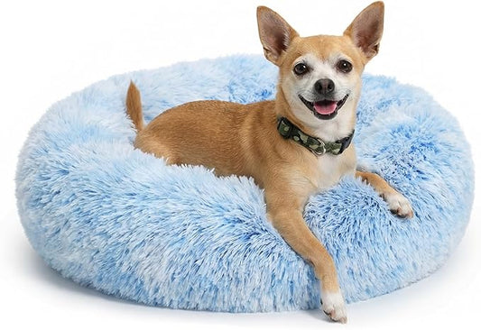 Calming Donut Dogs Beds for Small Dogs Washable,19inch Fluffy Round Puppy Bed for Puppies,Cats & Toy Breeds with Raised Rim,Fits up to 15 lbs Pets,Gradient Blue