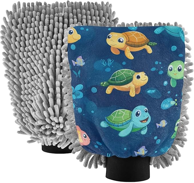 Car Wash Mitt Microfiber Wash Mitts for Car Washing Scratch-Free Cleaning Gloves Soft Non Absorbent Chenille Auto Hand Mitt Large 2Pack Cute Turtles and Corals