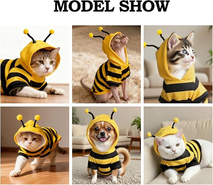 Bumblebee Cat Costume for Sphynx & Small Dogs, Fit Halloween, Yellow, XS | Cute Bee Stripes Hoodie, Soft Warm Fleece, Holiday Cosplay Outfit, Daily Leisure Wear, Easy to Put, Safe for Leash Walking