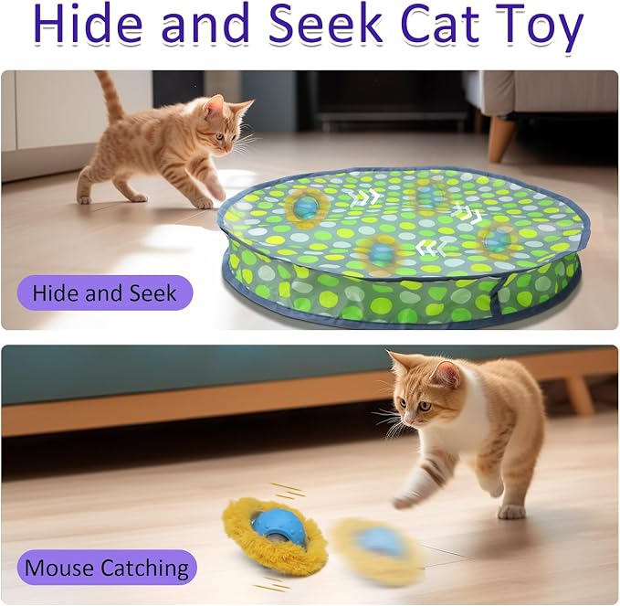 Giociv Interactive Cat Toys Ball Fast Rolling in Pouch, Motion Activate Chirping Cat Toy Hide and Seek Mouse Catching Game (Green Polka dot)