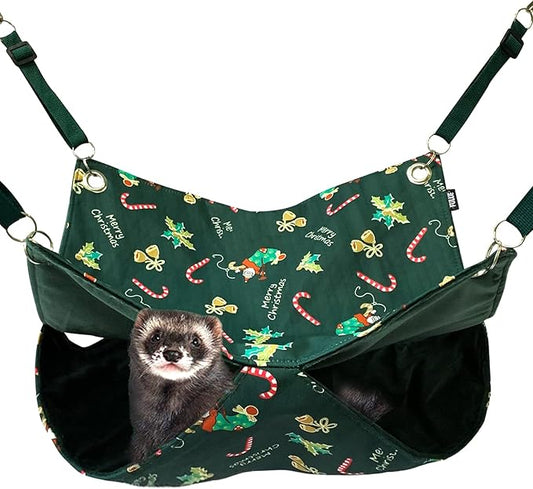 Ferret Rat Hammock,Ferret Cage Accessories Ferret Guinea Pig Hanging Bed HammockCute Ferret Stuff Tunnel for Cage Set Supplies 13.8inch (Green Christmas)
