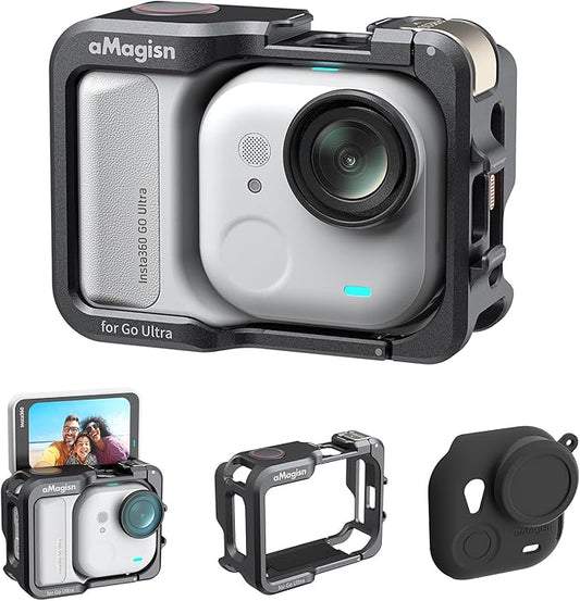 Aluminum Cage for Insta360 Go Ultra, Multifunction Protective Frame Housing Case for Insta360 Go Ultra Accessories, with Quick-Release Mount Adapter and 1/4 Cold Shoe for Light Microphone