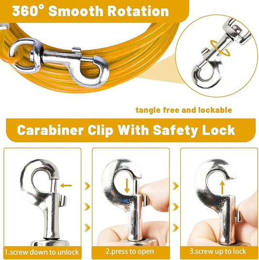 Dog Tie Out Cable 10/15/20/25/30 FT Runner for Yard Steel Wire Cable with Durable Superior Clips Yellow Dogs Chains for Outside Dog Lead for Large Dogs Up to 165 lbs