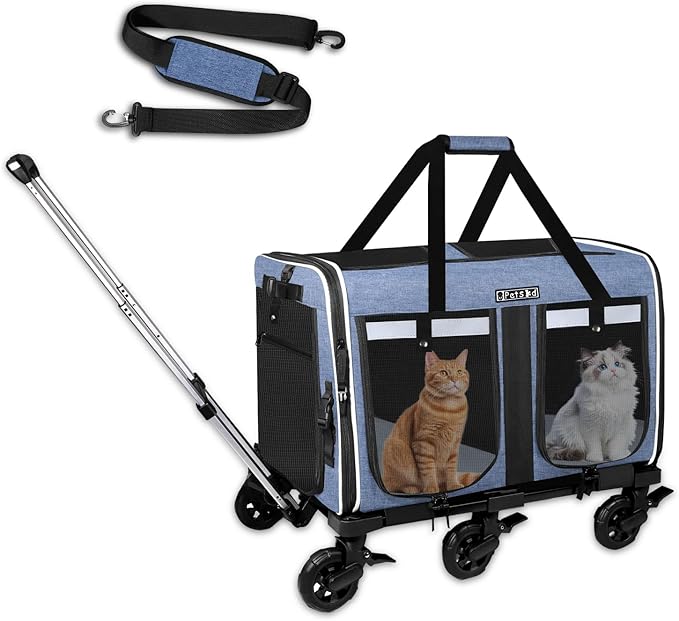 Petskd Extra Large Double Pet Carrier with Wheels for 2 Cats or a Medium Dog, 24" X 17" X 15" Soft-Sided Rolling Cat Carrier for Vet, Car Travel, and Home Use, Support up to 40 Lbs, Blue