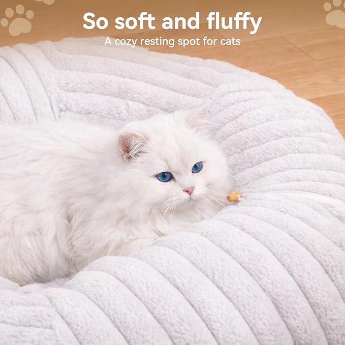 Cat Tunnel Bed, Peekaboo Hideaway Cave for Indoor Cats, Machine Washable Kitten Bed, Cat Donut, Dachshund Tunnel Bed for Small Dogs, Upgraded Striped Hare Feel Fabric (White)