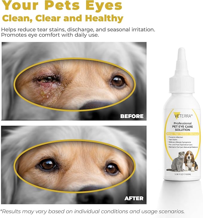 Dog and Cat Eye Care Solution for Dogs & Cats – Vet Recommended Eye Cleaner, Helps Remove Eye Discharge & Tear Stains, Supports Eye Hygiene, Gentle Daily Use Eye Wash - 3.38 Oz 100 Ml