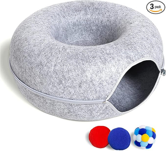 Cat Tunnel Bed for Indoor Cats with 3 Toys, Scratch Resistant Donut Cat Bed, Up to 9 Lbs (M 20x20x9, Light Grey)
