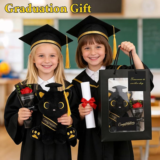 2026 Graduation Gift Set - Black Cat Plush with Soap Rose Bouquet & Card, Class of 2026 Stuffed Animal for Her, Him & Kids, High School College Graduate