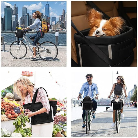 ANZOME Bike Basket, Folding Small Pet Cat Dog Carrier Front Removable Bicycle Handlebar Basket Quick Release Easy Install Detachable Cycling Bag Mountain Picnic Shopping
