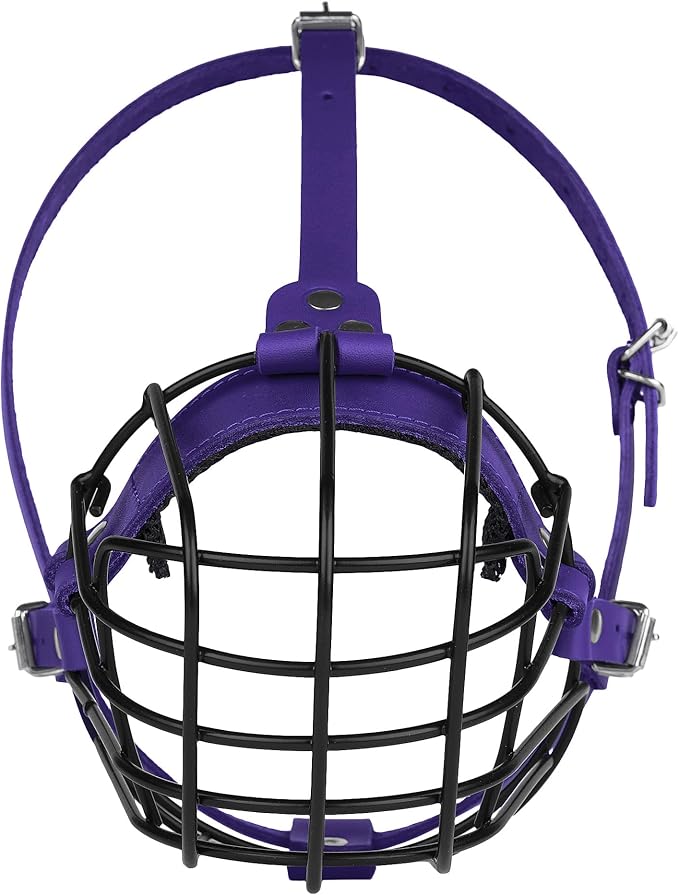 Pitbull Dog Muzzle Breathable Metal Basket for Large Dogs Amstaff Staffordshire Terrier Secure Wire Mask Adjustable Durable Leather Straps Biting Chewing Barking (Purple)