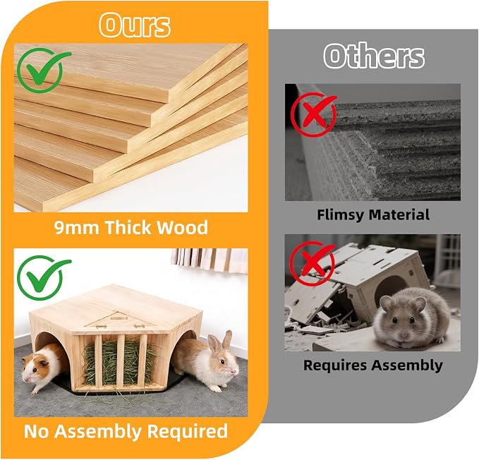 Kalolary Wooden Guinea Pig Corner Hideout with Pee Pad, Small Animal Hideout with Hay Feeder Dual Entrances Hamster Hideout for Bunny Chinchilla Mice Dwarf Gerbils Mouse Hedgehog Playing Hiding