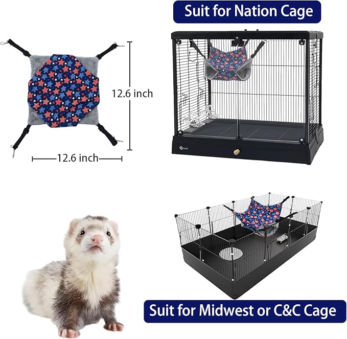 Straps are Adjustable Sugar Glider Pouch Hammock Bed Bedding, Sugar Glider Cage Accessories Toys for Rat, 3-Layer Hammock Make Pet Cages More Three-Dimensional （Blue Star）