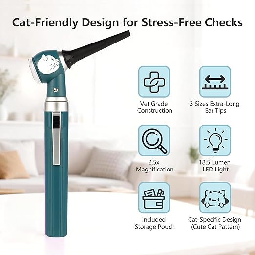 Veterinary LED Otoscope for Pets Cat-Design - Ear Infection Detector with Light, 6 Disposable Tips for Dogs & Cats, Portable Home Ear Checker (Green)