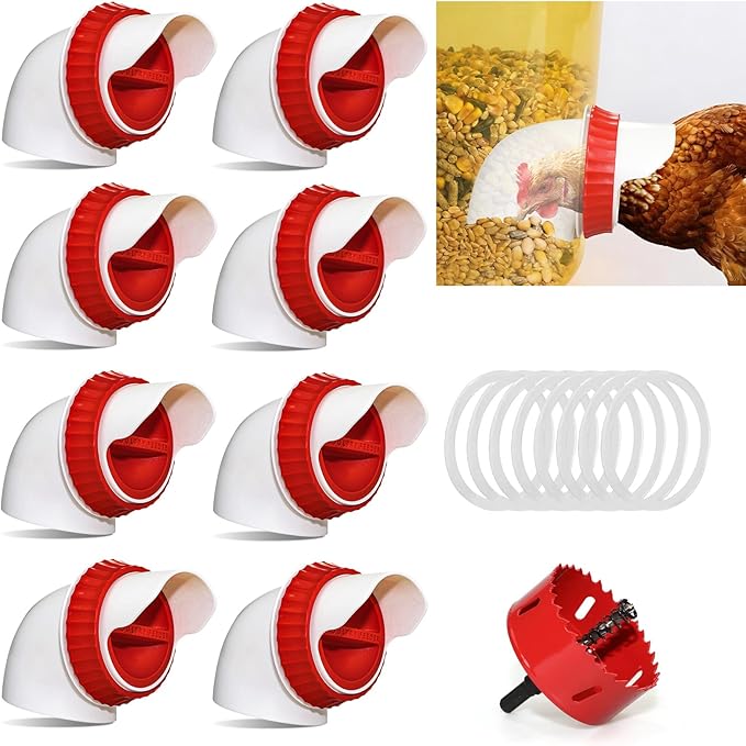 8PACK No Waste Chicken Feeder Ports - DIY Chicken Feeder Kit with Hole Saw - Chicken Feeder Cups for Bucket,Barrels,Bins,Troughs