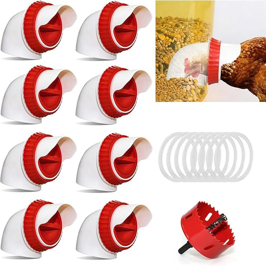 8PACK No Waste Chicken Feeder Ports - DIY Chicken Feeder Kit with Hole Saw - Chicken Feeder Cups for Bucket,Barrels,Bins,Troughs