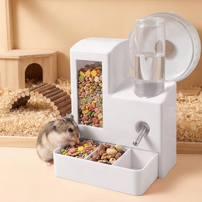 2 in 1 Hamster Water Bottle, No Drip 120ml Hamster Water Bottle, Gravity Hamster Food Bowl with Snack Bowl, Hamster Cage Accessories for Cage for Guinea Pigs