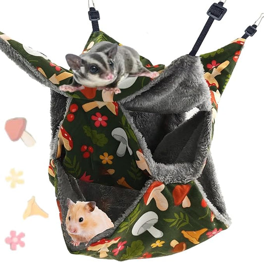 Straps are Adjustable Sugar Glider Pouch Hammock Bed Bedding, Sugar Glider Cage Accessories Toys for Rat, 3-Layer Hammock Make Pet Cages More Three-Dimensional （Green Mushroom）