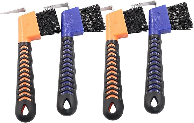 4 Pcs Horse Hoof Pick Brush with Soft Touch Rubber Handle Portable Hoofpick, Blue & Orange