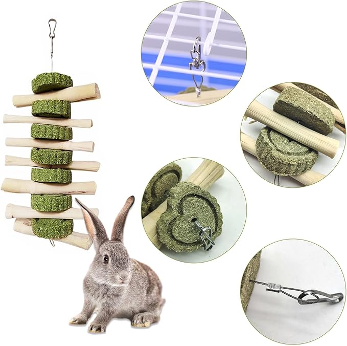 kathson 2 PCS Bunny Chew Toys for Teeth Natural Rabbit Toys Hanging Sweet Bamboo Chews with Grass Cake Guinea Pig Toys Snack Treat for Hamster Chinchilla Rats