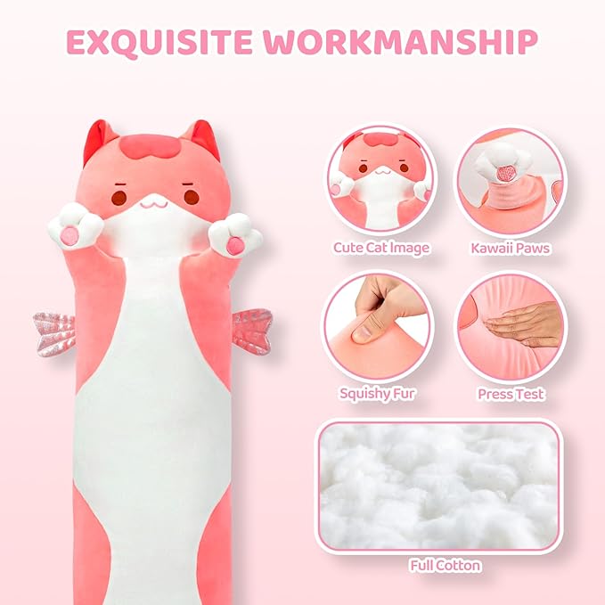Mewaii Long Cat Plush 5 Sizes, 120% Extra Filling Giant Plushness Kids Body Pillow, Kawaii Cute Pink Cat Stuffed Animals Plushies, Big Long Body Pillow Cat Plush Gift for Girls 53”