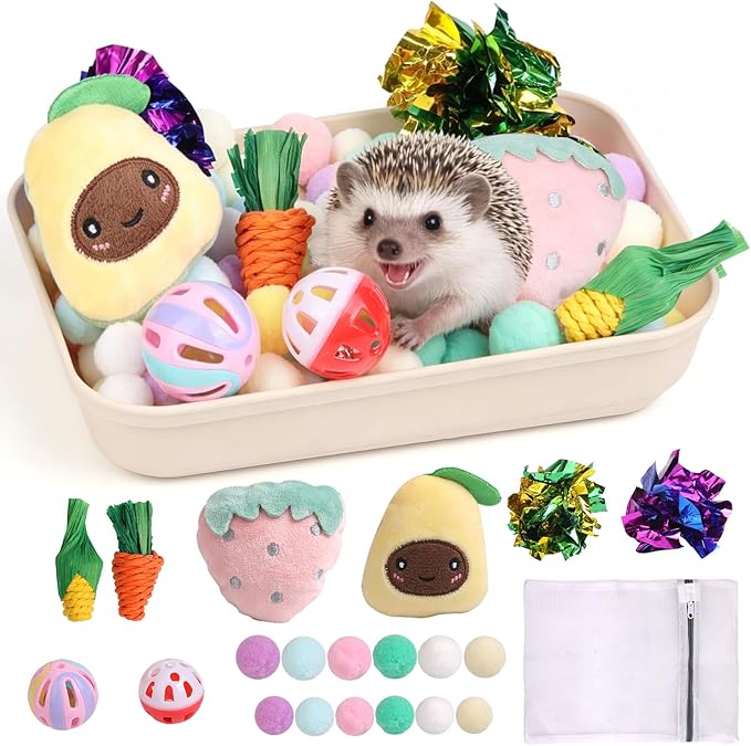 Hedgehog Accessories, Dig-Box Tray for Hedgehog Cage with Ball Toy, Small Animal Accessories Funny Dig-Box Tray Toys for Hedgehogs, Ball Bell Toy for Ferret Kitten Cat Hamster (Colorful)