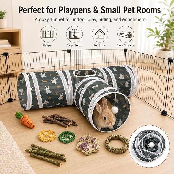 Rabbit Tunnel Toy, Collapsible 3-Way Hideout Tunnel with Chew Toys for Rabbits, Guinea Pigs, Ferrets, Kittens & Small Pets - Gray & White Bunny Carrot Design Hideout (33"x20"x9.5")