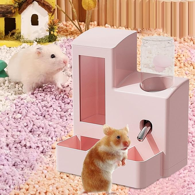 3 in 1 Hamster Automatic Feeder Dispenser Easy to Clean Container Feeding Station for Home Ferrets Bunny Small Animal Patio, Pink 80ml Bottle
