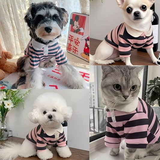 MANON ROSA Dog Clothes, Designer Boy Polo Shirt for Small Medium Dogs, Soft Puppy Outfit, Breathable Male Yorkie Chihuahua Shih Tzu Poodle Kitten Cat T-Shirt, Birthday Gifts - Pink, S, Fit 3-5lbs