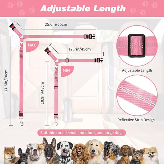 BWOGUE 2 Piece Dog Seat Belt for Car with Elastic Bungee Buffer Safety Seatbelt Car Headrest Restraint Wear Adjustable Metal Buckle Harness in Vehicle Travel for Pet