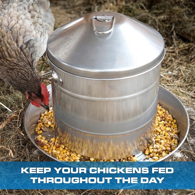 Plexon 17.6 Lb Stainless Steel Hanging Chicken Feeder no Waste Food-Grade Large - Turkey Duck Poultry Feeder for Chicken Metal - Heavy Duty Reliable Long-Lasting with Handle