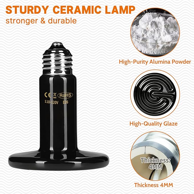 75W Ceramic Heat Emitter - No Light Reptile Heat Lamp for Lizards, Amphibians, Chickens, Dogs, Cats - Ideal for Aquariums and Pet Brooder Coop Heating - Black