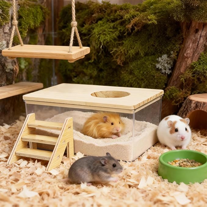 Coloch Hamster Sand Bath Box with Wood Cover, Rectangle Clear Hamster Digging Sand Container with Climbing Ladder Multifunctional Plastic Guinea Pig Bathroom for Small Animals