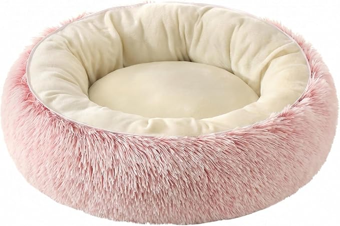 Calming Donut Dog Bed Cat Bed, Fluffy Long Fur Outer & Short Fur Inner, Sweat-Free Cozy Cuddler, Non-Slip Bottom,for Small Medium Dogs Cats Puppy Kitten (Donut Bed - Pink, Medium 19.7 Inches)